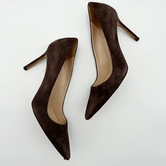 Manolo Blahnik BB Pointed Toe Suede Pumps Chocolate Brown Taupe Size 38.5 - Picture 3 of 15